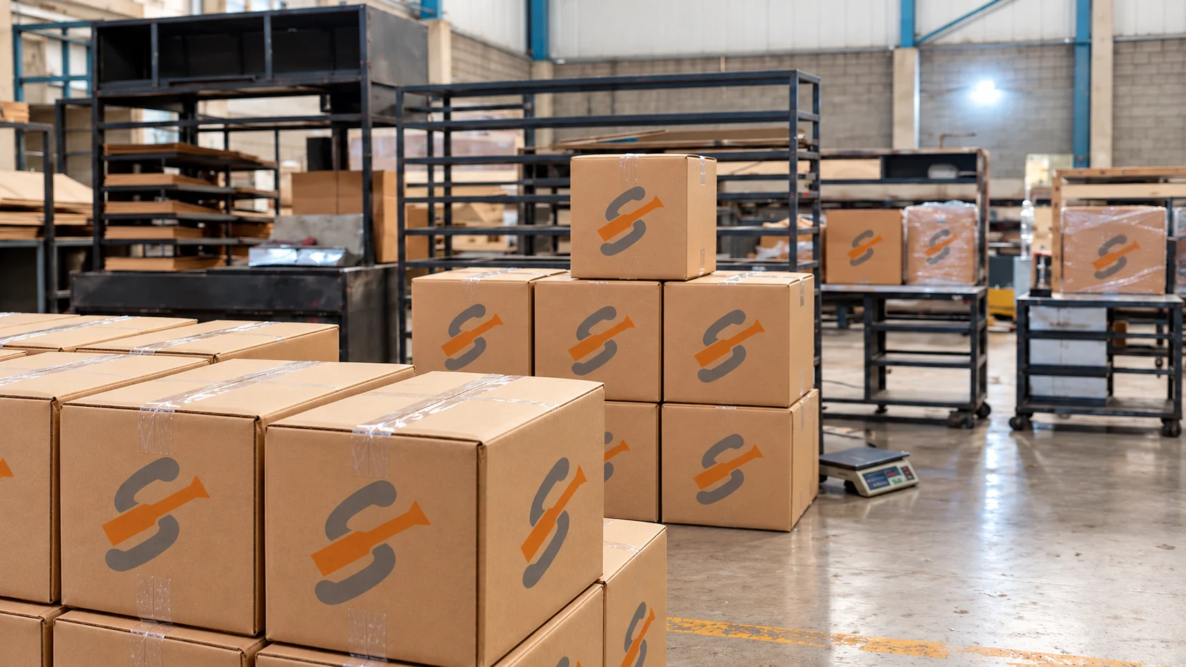 Brown cartons prepared for dispatch inside the Skill Glass factory