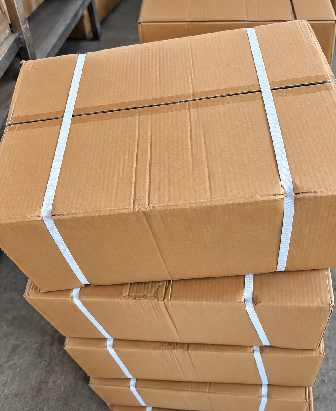 Brown cartons secured for transit